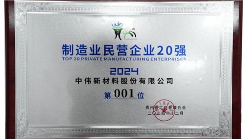 連續三年！中偉股份蟬聯“貴州制造業民營企業20強”榜首